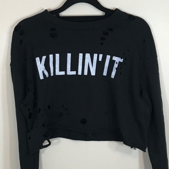 Urban Heritage Tops - KILLIN’IT  Crop Black Ripped off Sweater